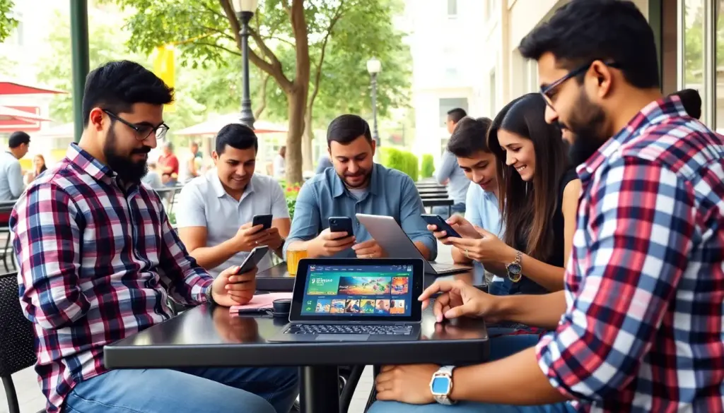 A group of enthusiastic bettors gathers around a large screen displaying live sports events at a bustling betting lounge, showcasing the excitement of online gambling culture.