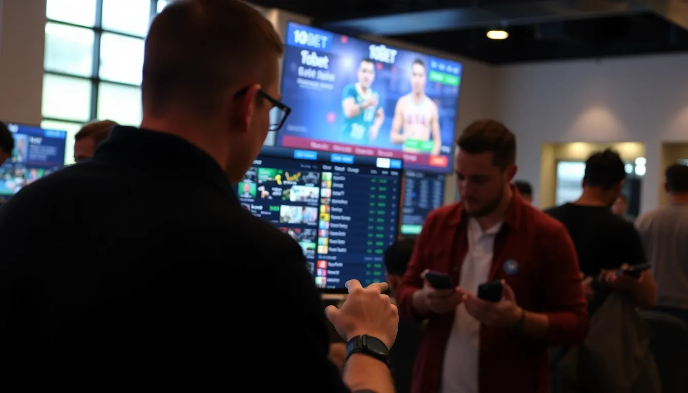 A group of enthusiastic bettors gathers around a table in a lively sports bar, intently watching a game on multiple screens while discussing their betting strategies.