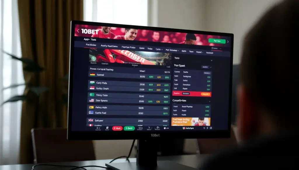 10betのウェブサイトを閲覧しているユーザーが、スポーツベッティングやカジノゲームのオファーをチェックしている様子。