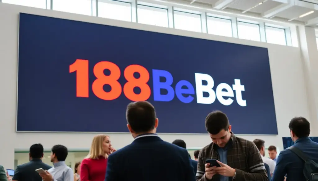 A group of people gather around a large screen displaying betting odds and statistics during a lively sports event at a bustling betting venue.