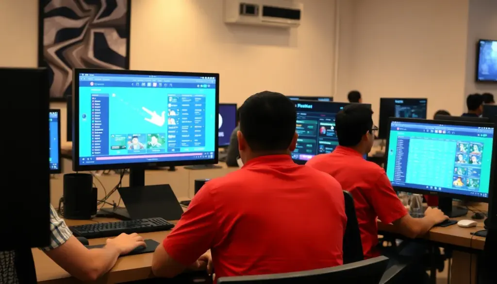 a bustling online gaming platform, showcases players engaged in various betting activities while surrounded by vibrant graphics and interactive features.