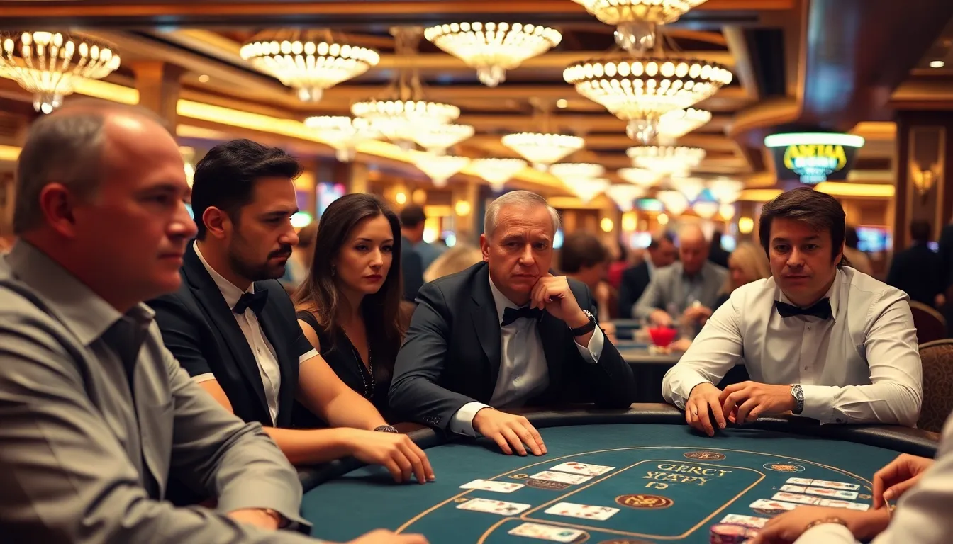 A group of players intensely focused on a baccarat table in a bustling casino, with cards and chips scattered across the green felt surface.