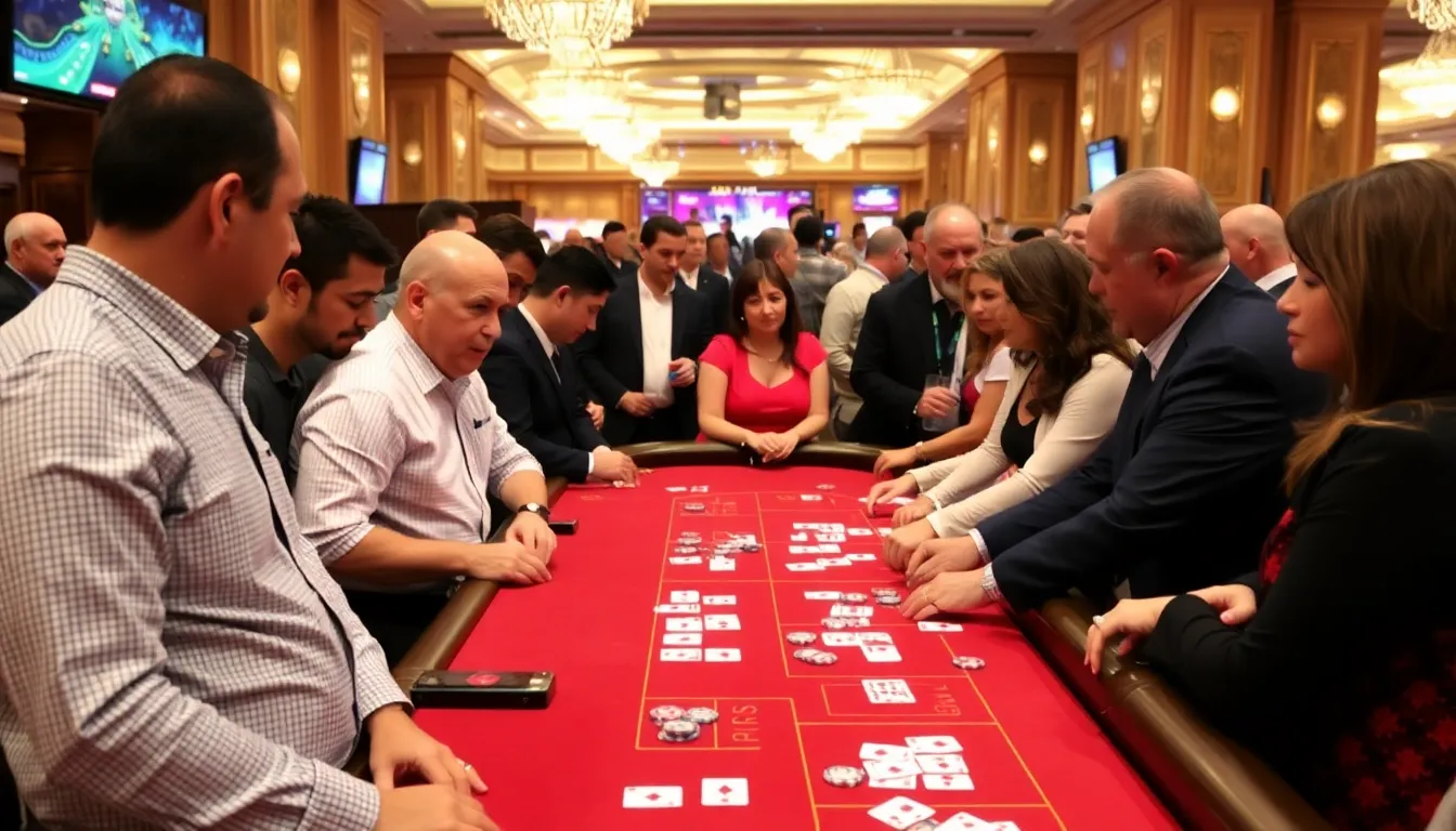 A group of players gathers around a baccarat table in a bustling casino, intently watching the dealer as cards are dealt and bets are placed.