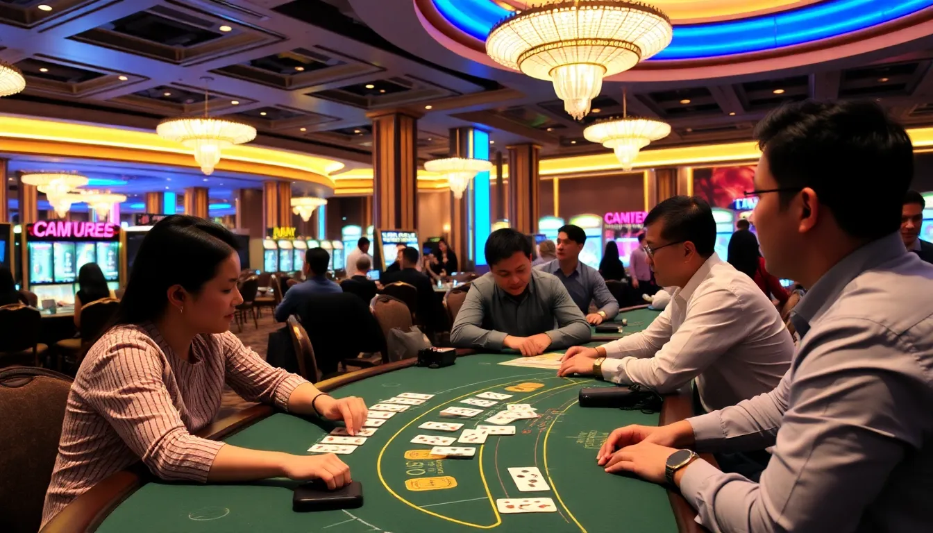 A group of players gathers around a baccarat table in a luxurious casino, intently watching the dealer as cards are dealt amidst a vibrant atmosphere filled with excitement and anticipation.