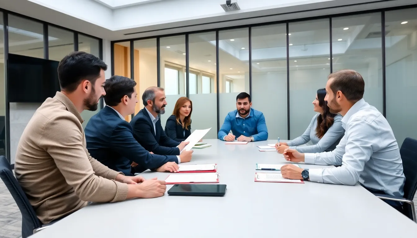 A group of business professionals engages in a discussion around a conference table, analyzing data charts and reports related to slot methods and their applications in modern industries.