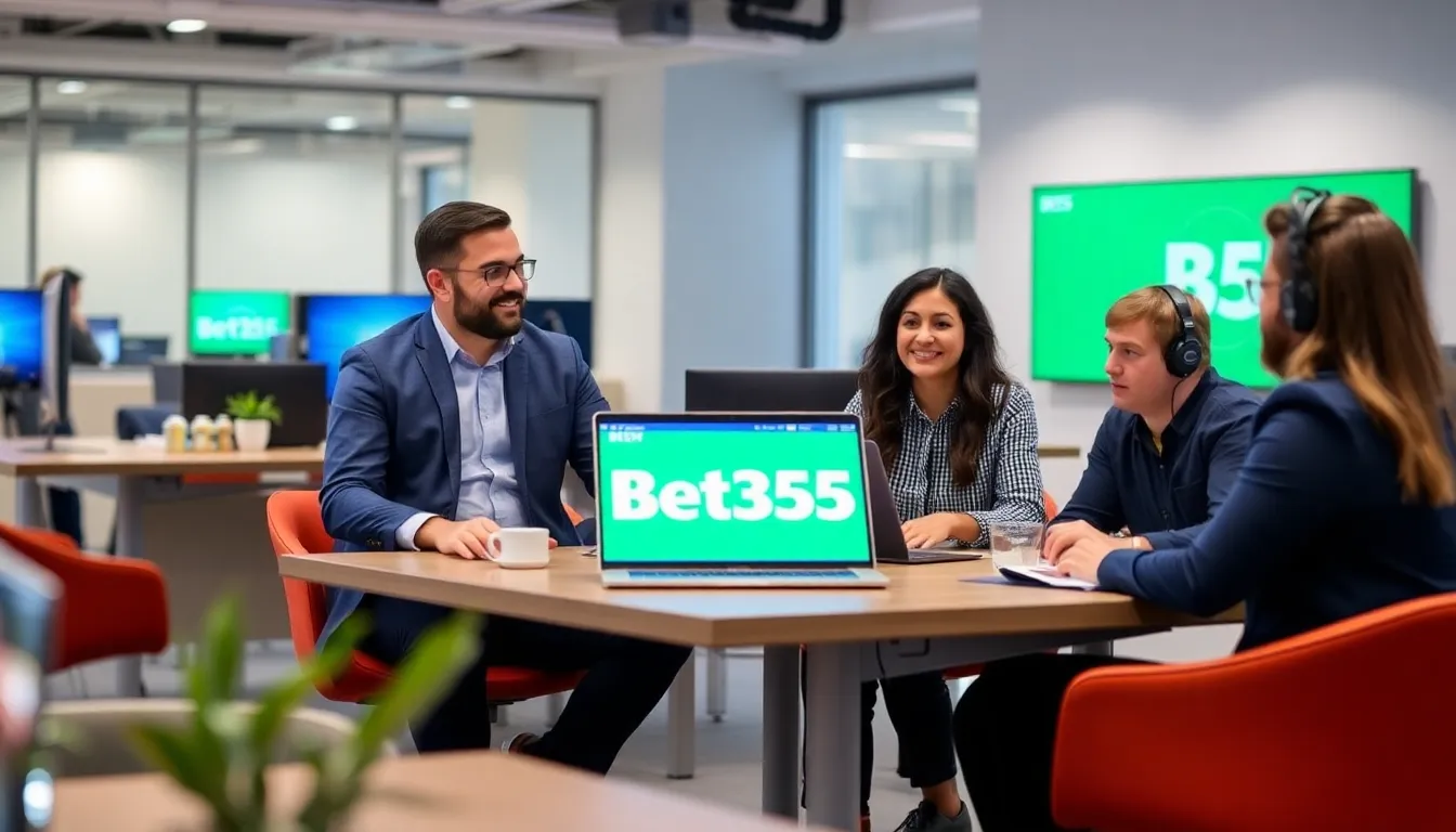 A bustling office environment shows employees collaborating on strategies for enhancing online betting services at Bet365.
