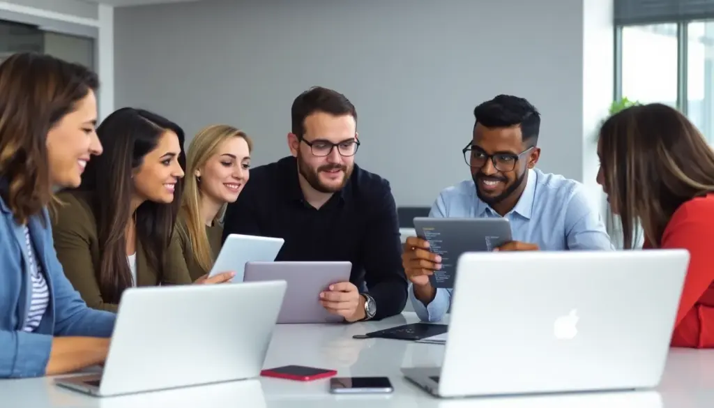 A group of people is gathered around a table, intently discussing strategies while placing bets on their mobile devices during a lively sports event.