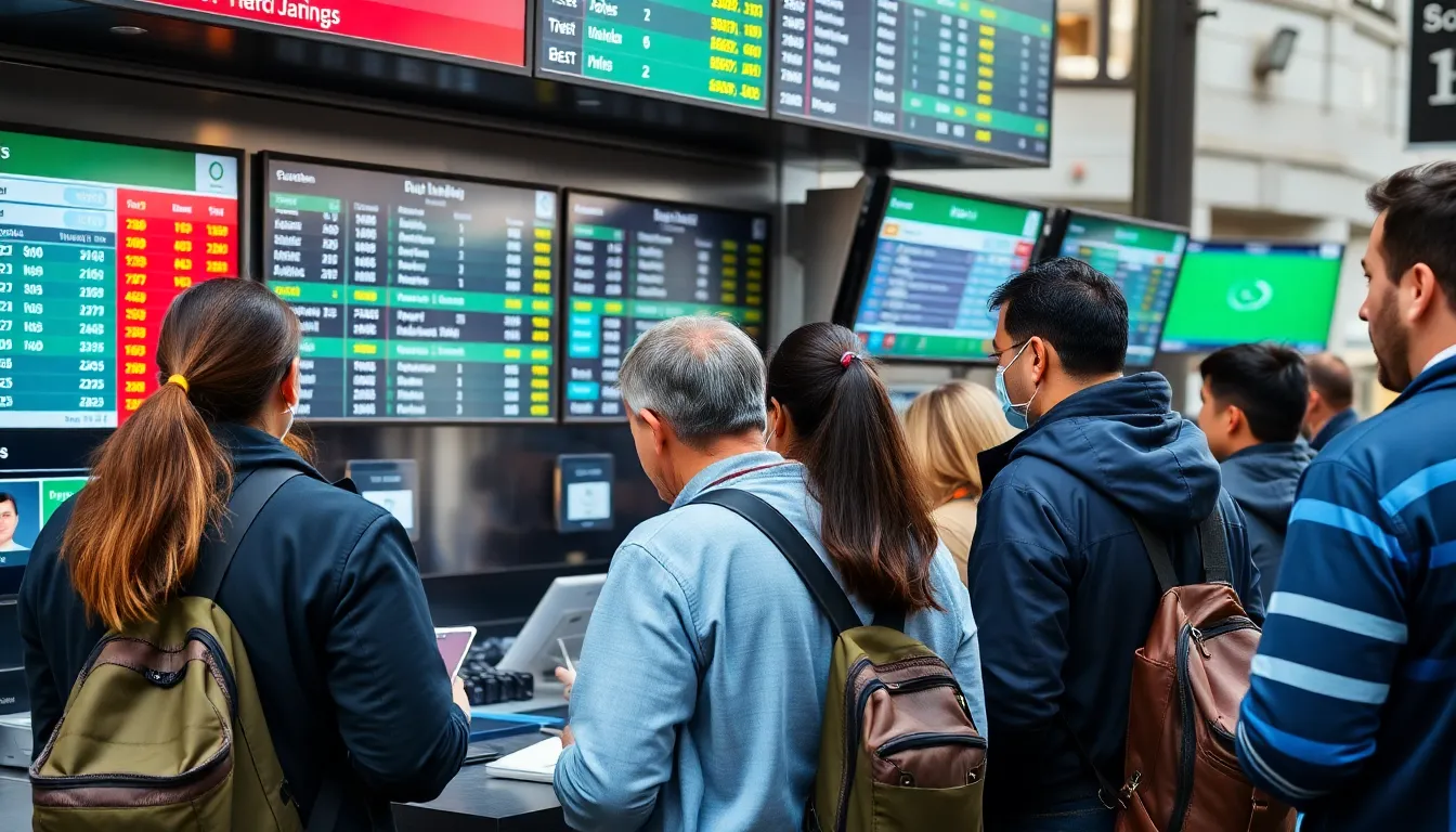 A group of enthusiastic bettors gathers around a large screen in a sports bar, intently watching a live game while placing bets on their mobile devices.