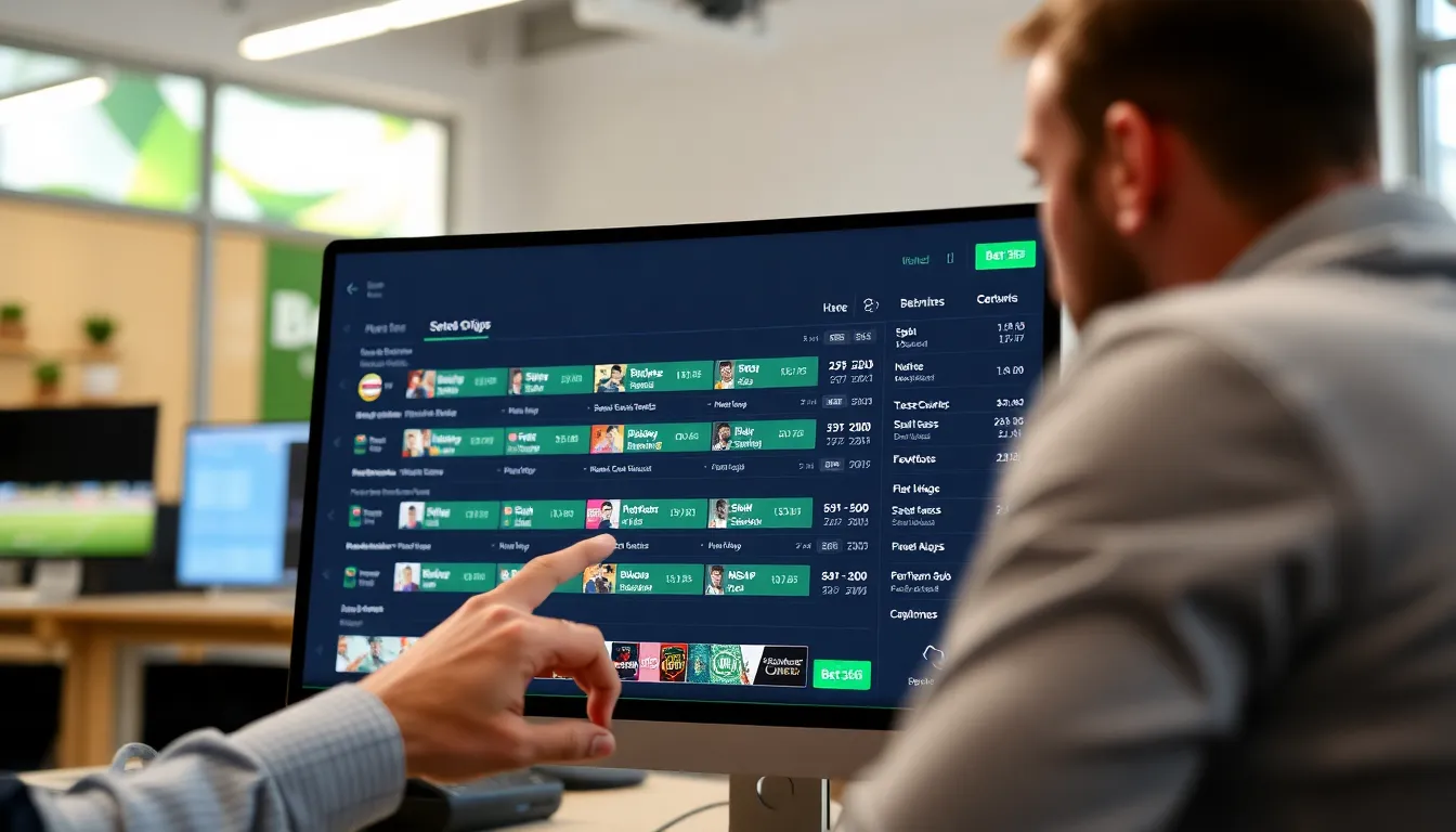A group of enthusiastic bettors gathers around a large screen in a sports bar, intently watching a live football match while checking their mobile devices for updates on their bets.