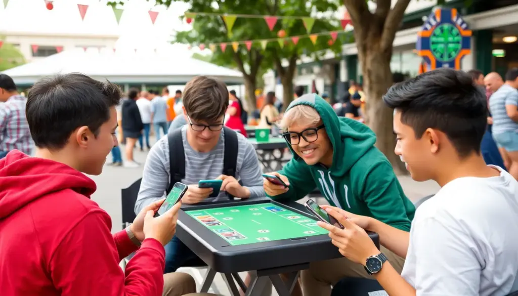 A group of people is gathered around a table in a lively casino, intently watching a live dealer as they participate in a Betgames session.