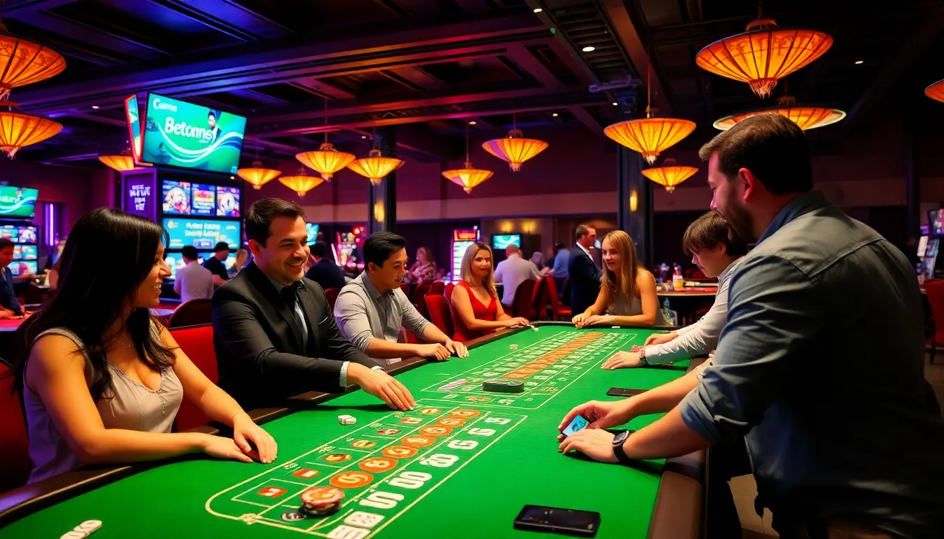 A group of enthusiastic players gathers around a table at a lively casino, intently watching a live dealer as they participate in an exciting Betgames session.