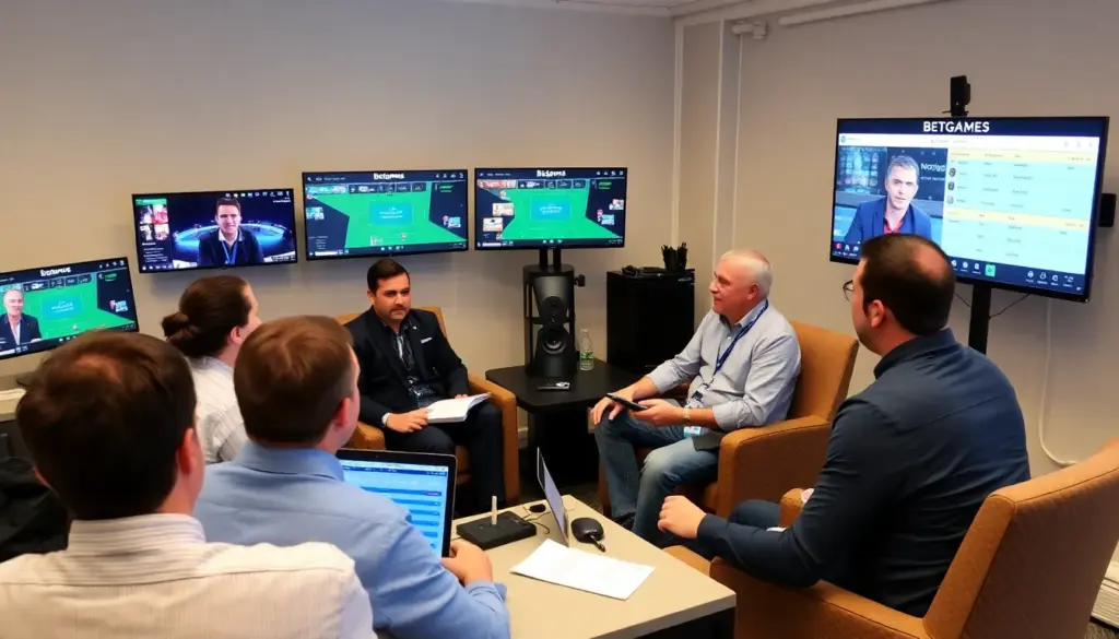 A group of enthusiastic players gathered around a table, intently watching a live dealer as they participate in an interactive game session offered by Betgames.