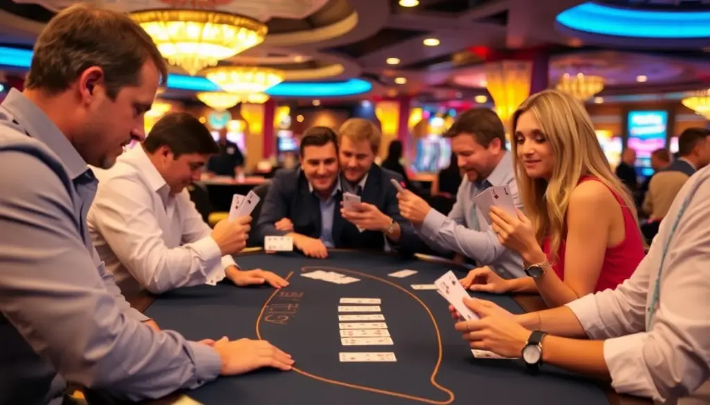 A group of players sits around a green felt blackjack table in a bustling casino, intently focused on their cards and the dealer as chips are stacked in front of them.
