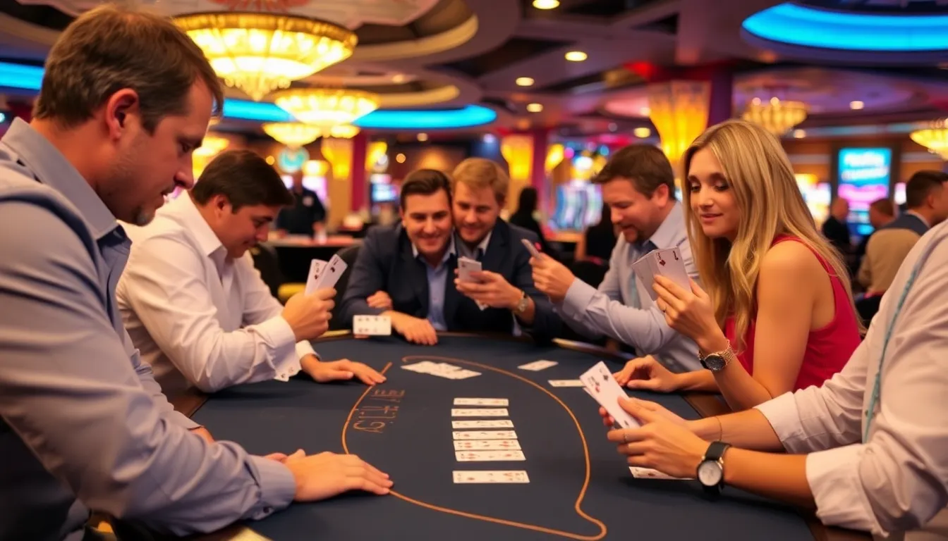 A group of players sits around a green felt blackjack table in a bustling casino, intently focused on their cards and the dealer as chips are stacked in front of them.