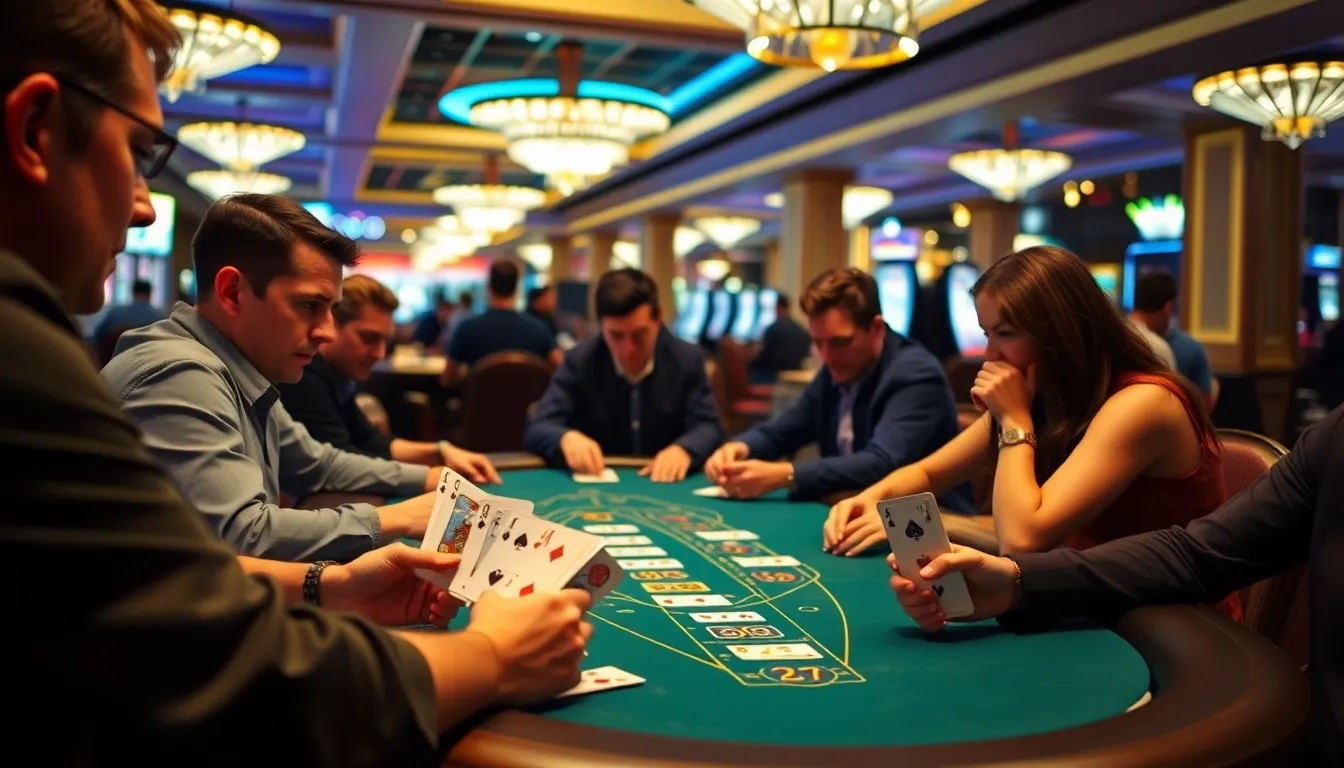 A dealer revealing their faceup card, setting the stage for an intense round of Blackjack as players assess their strategies