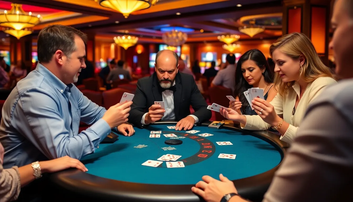 A group of enthusiastic players gathered around a Blackjack table, engaged in animated discussions about strategies and gameplay
