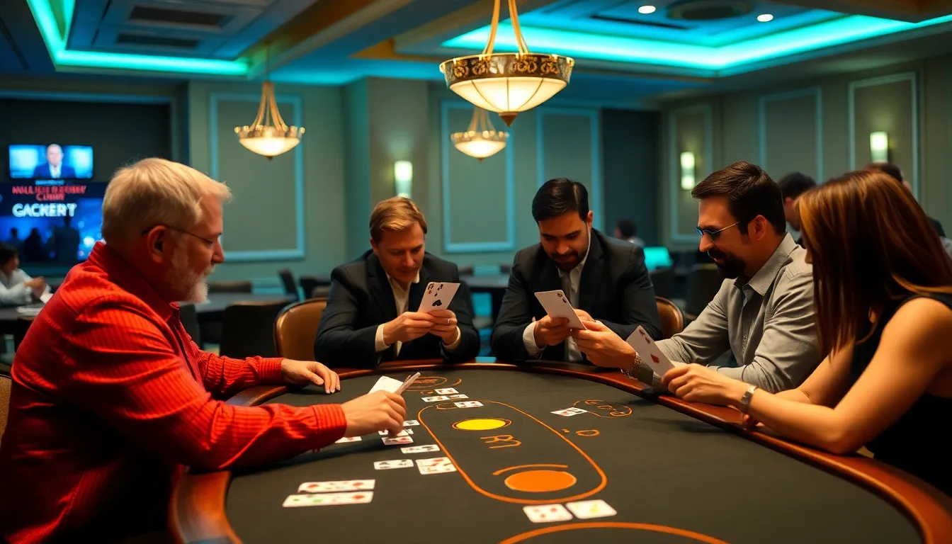 A group of players sits around a blackjack table in a bustling casino, intently focused on their cards while a dealer shuffles and deals the next round.