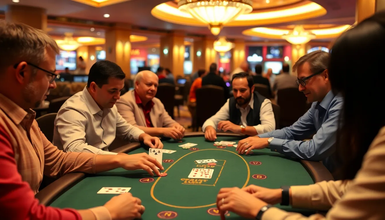 A group of players sits around a blackjack table in a bustling casino, intently focused on their cards while a dealer shuffles the deck.