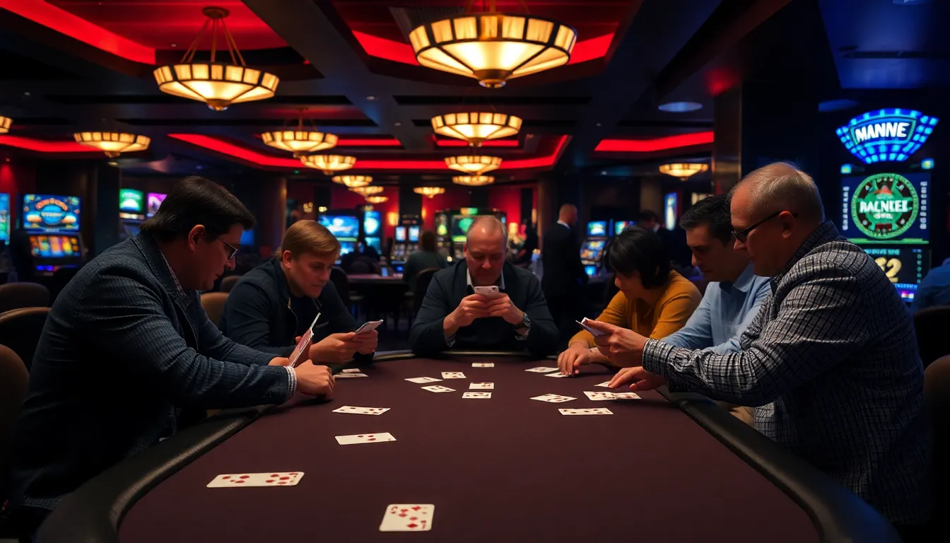 A group of players sits around a blackjack table in a bustling casino, intently focused on their cards while a dealer shuffles the deck.