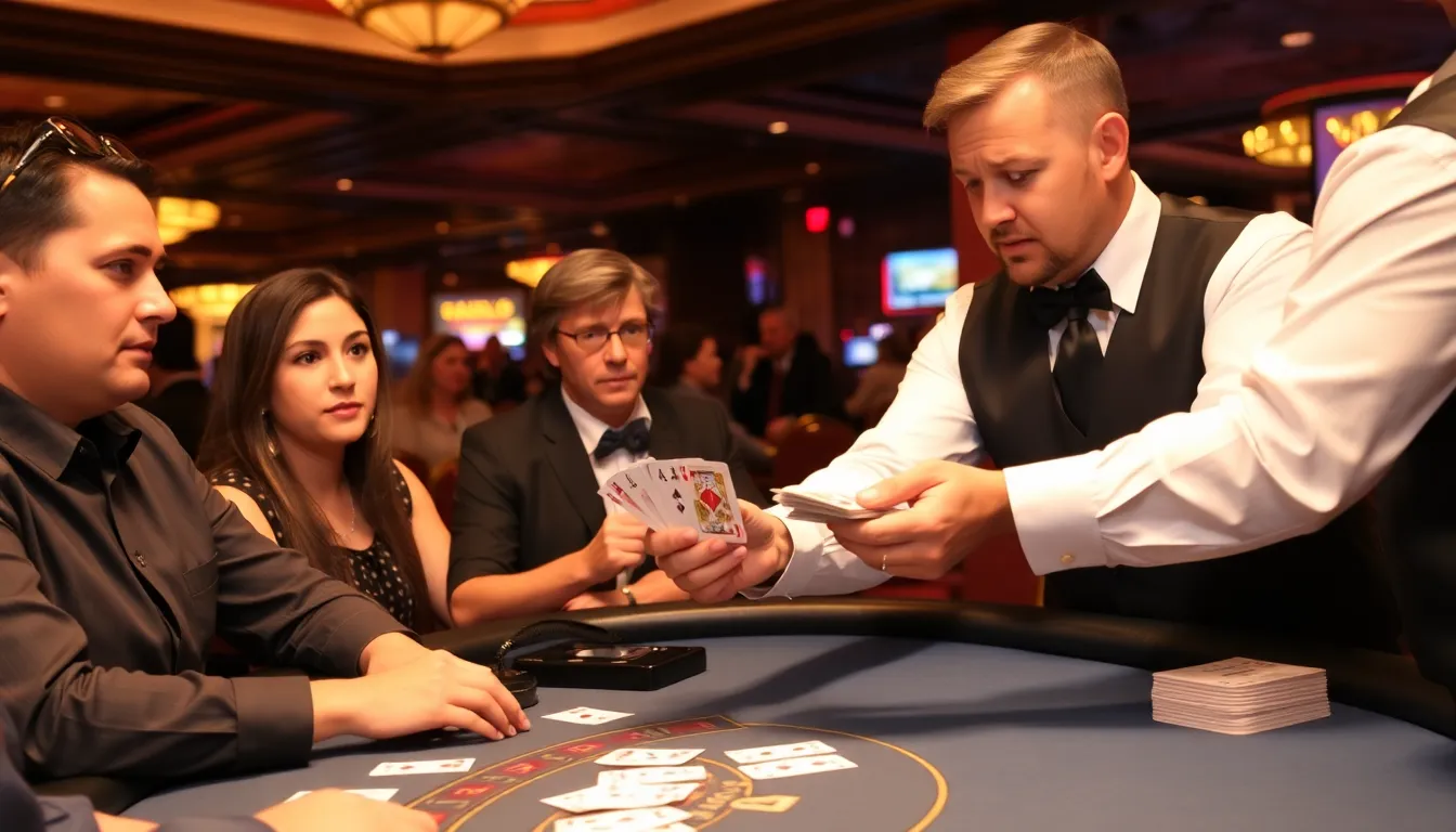 A group of players gathers around a blackjack table in a bustling casino, intently focused on their cards while a dealer shuffles the deck.