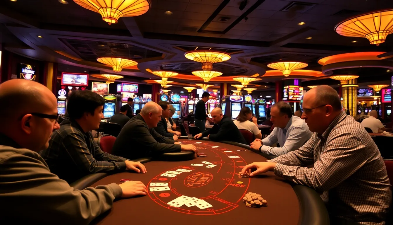 A group of diverse players sits around a blackjack table in a bustling casino, intently focused on their cards while a dealer shuffles the deck in preparation for the next round.