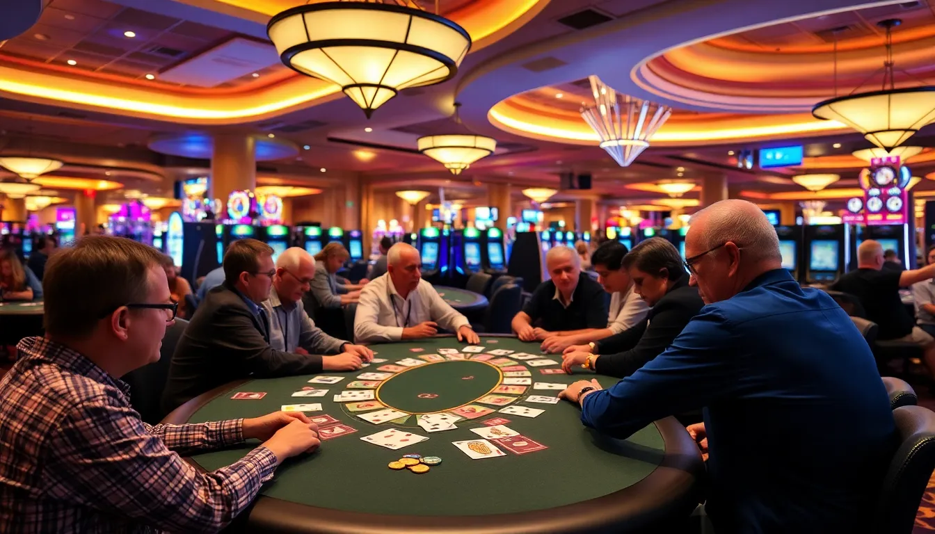 A group of friends gathered around a blackjack table, engaged in lively conversation while sharing their knowledge of essential blackjack terminology