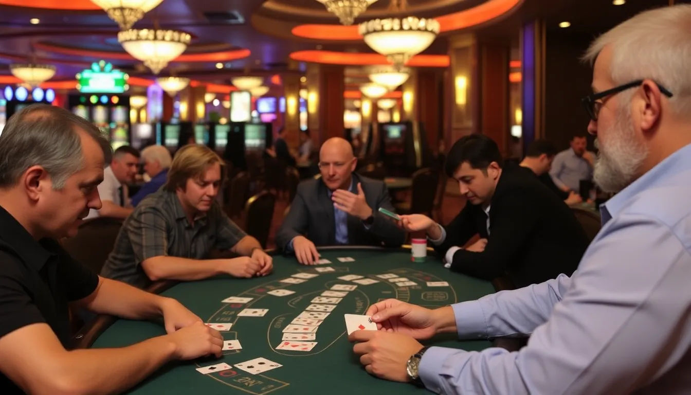 A group of players sits around a blackjack table in a bustling casino, intently focused on their cards as a dealer shuffles the deck in preparation for the next round.