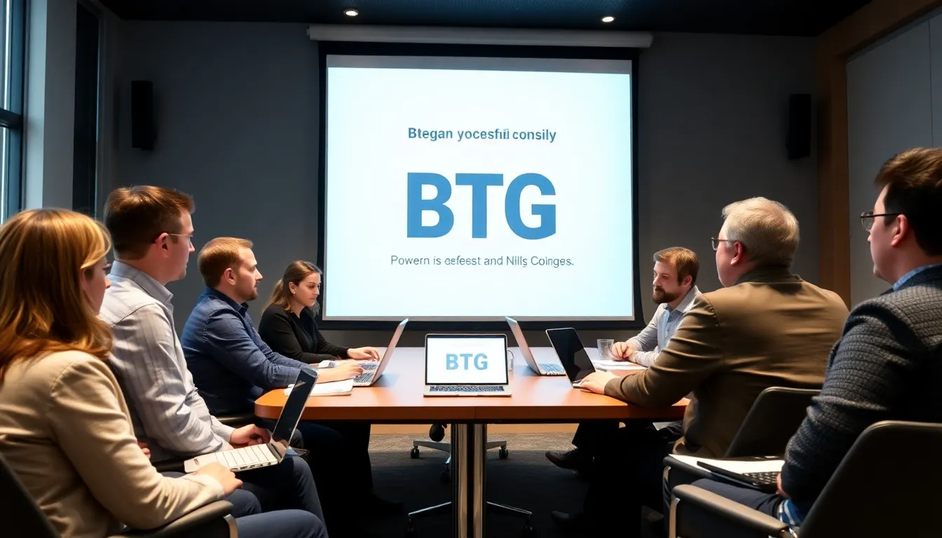 A group of financial analysts discusses the implications of Bitcoin Gold during a conference, with charts and graphs displayed on a screen behind them.
