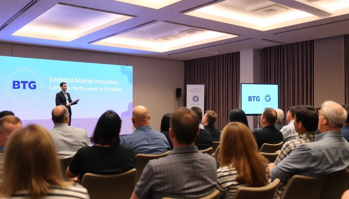 A group of technology experts and policymakers engage in a discussion about the implications of Blockchain Technology Governance at a conference, with charts and data displayed on screens behind them.