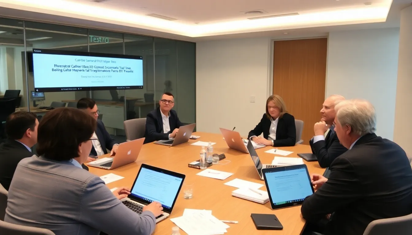 An office environment where a team collaborates on the application process for a BTG license, demonstrating teamwork and diligence in compliance efforts