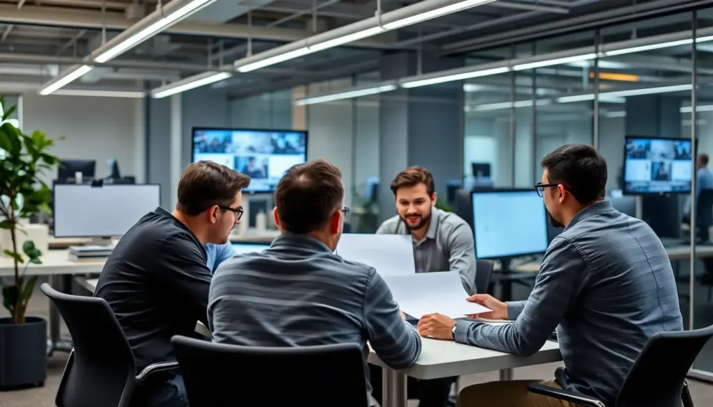 A group of business professionals gathers around a conference table, discussing the implications of digital innovation as they prepare for the upcoming launch of a new technology platform.