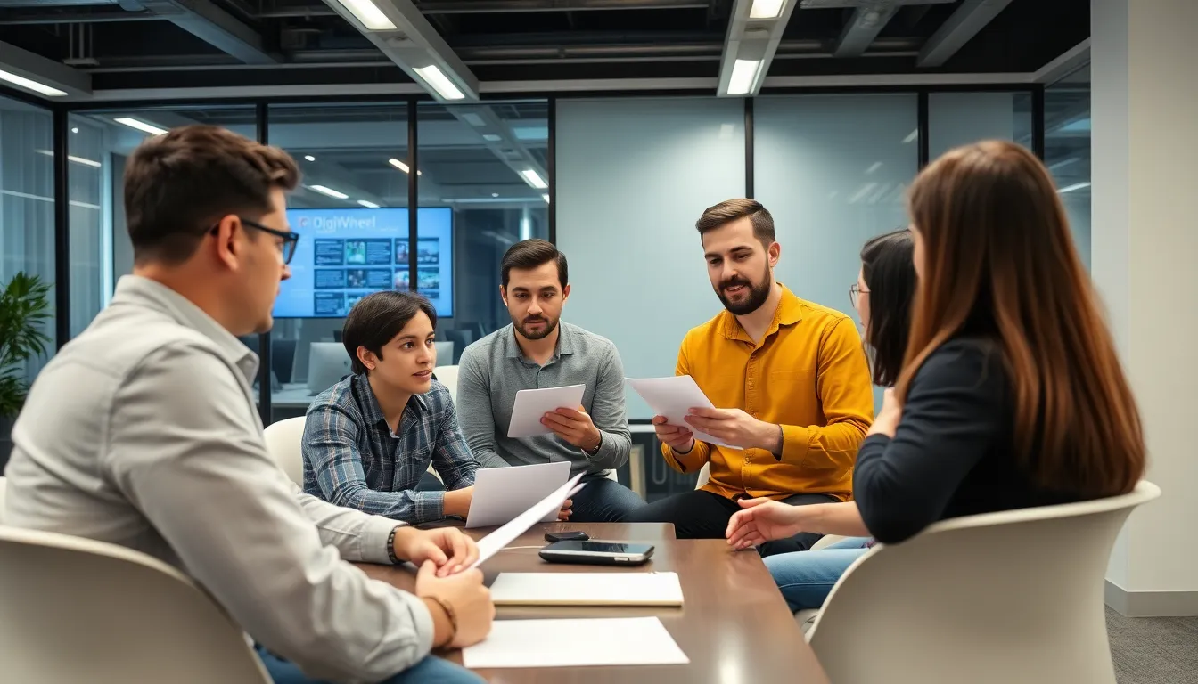 A group of marketers discussing the impact of customer data analysis on their promotional campaigns, highlighting the practical use of DigiWheel for boosting sales