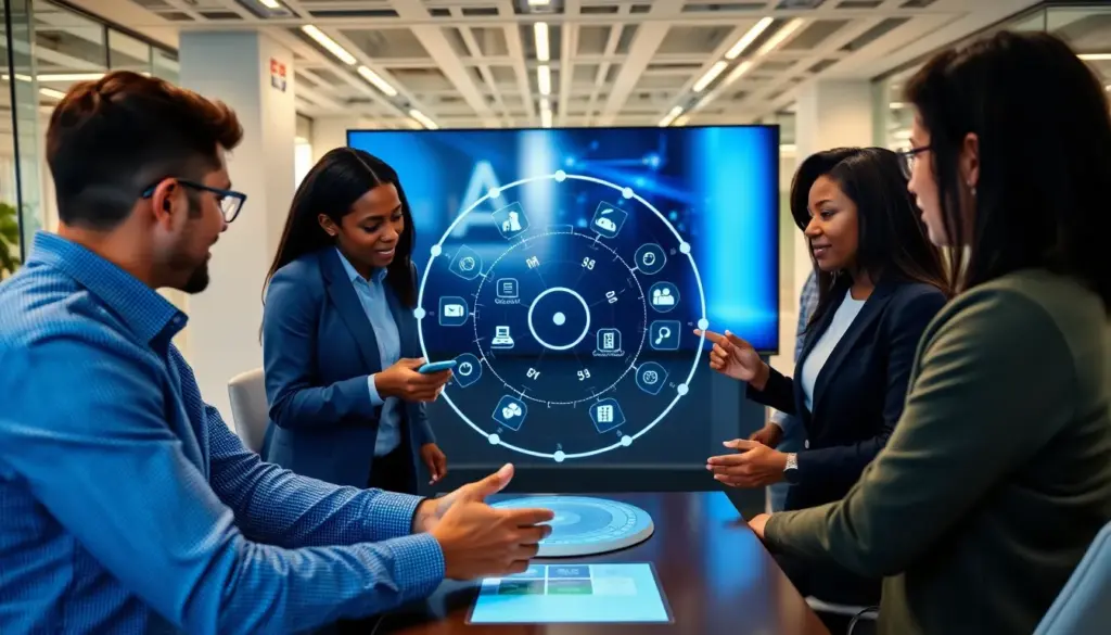 A group of business professionals gathers around a conference table, discussing strategies for implementing the DigiWheel service to improve operational efficiency and customer engagement.