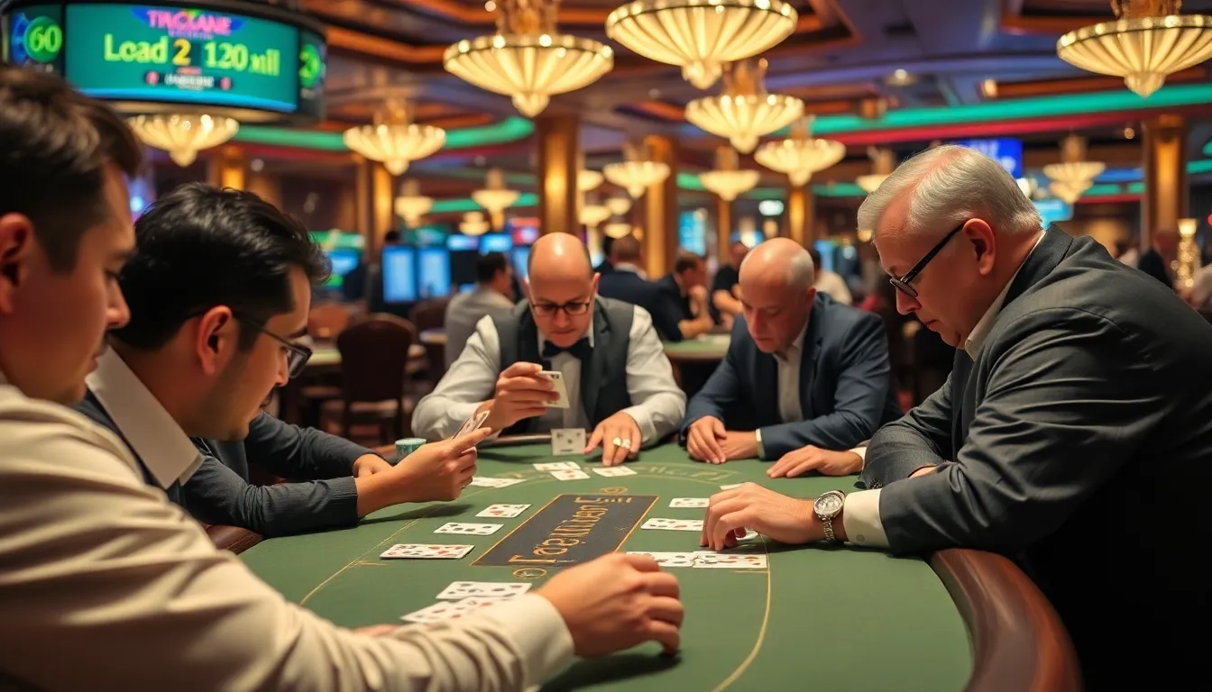 A group of players gathers around a Baccarat table in a bustling casino, intently watching the dealer as cards are dealt amidst the sounds of excitement and anticipation.