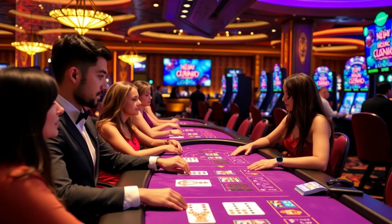 A group of players engages with a live dealer at a modern gaming table in a bustling online casino environment.