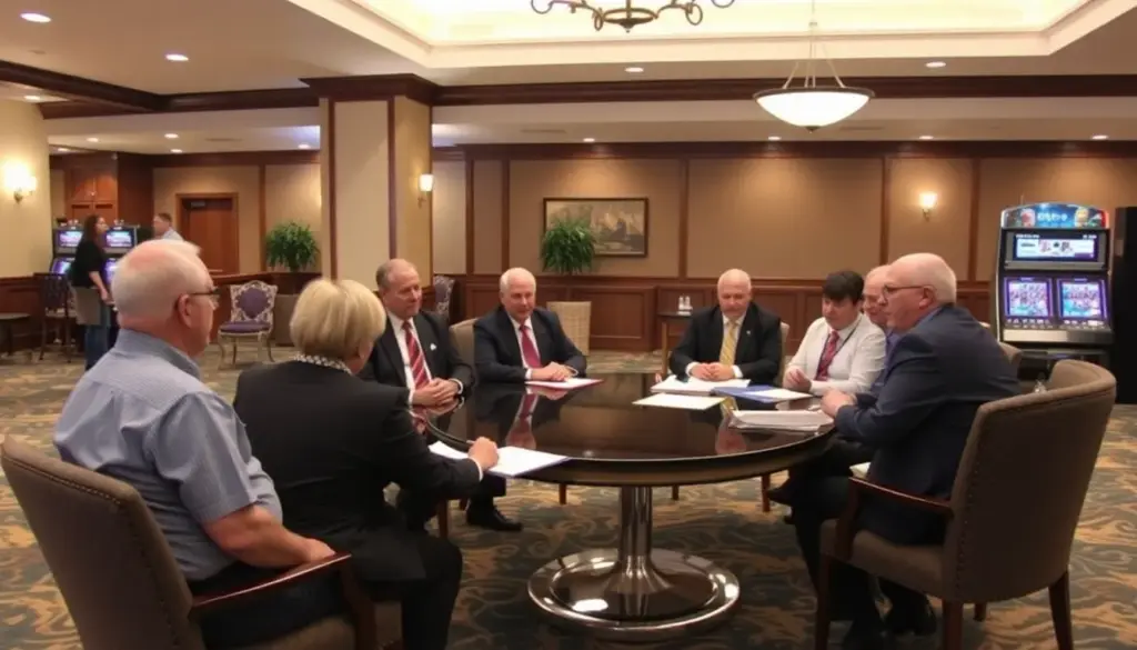 A group of business professionals discusses strategies for obtaining hotel5slot licenses during a conference on online gaming regulations.