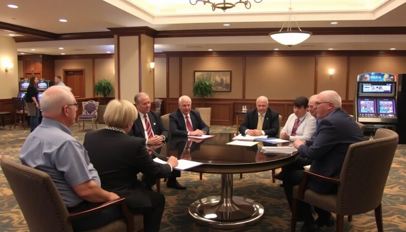 A group of business professionals discusses strategies for obtaining hotel5slot licenses during a conference on online gaming regulations.
