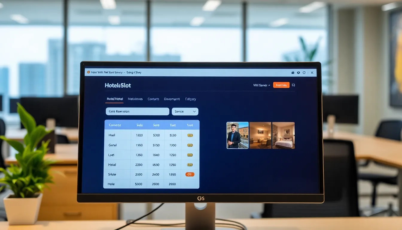 A group of hotel staff members is gathered around a computer, discussing the features of the Hotel5Slot platform while preparing for an upcoming guest arrival.