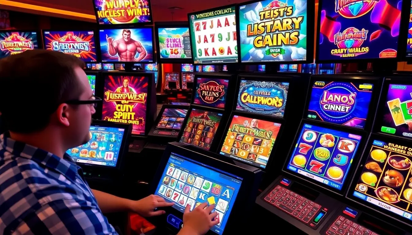 A group of people is gathered around a slot machine in a vibrant casino, eagerly watching the spinning reels as colorful lights flash and sounds of excitement fill the air.