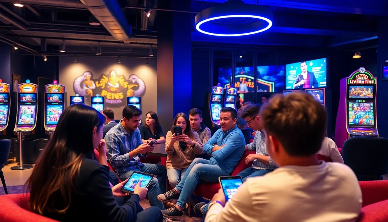 A group of enthusiastic players gathers around screens in a lively online gaming environment, eagerly engaging with a live slot game that features realtime interactions and social media elements.
