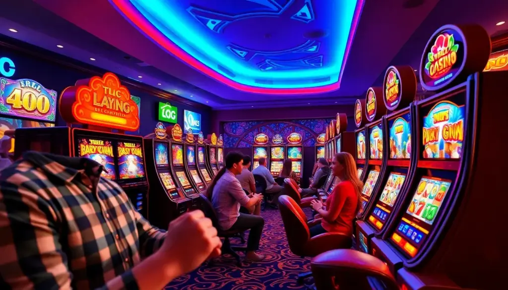 A group of gamers is gathered around a computer, intently discussing strategies while playing an online casino game powered by Microgaming.
