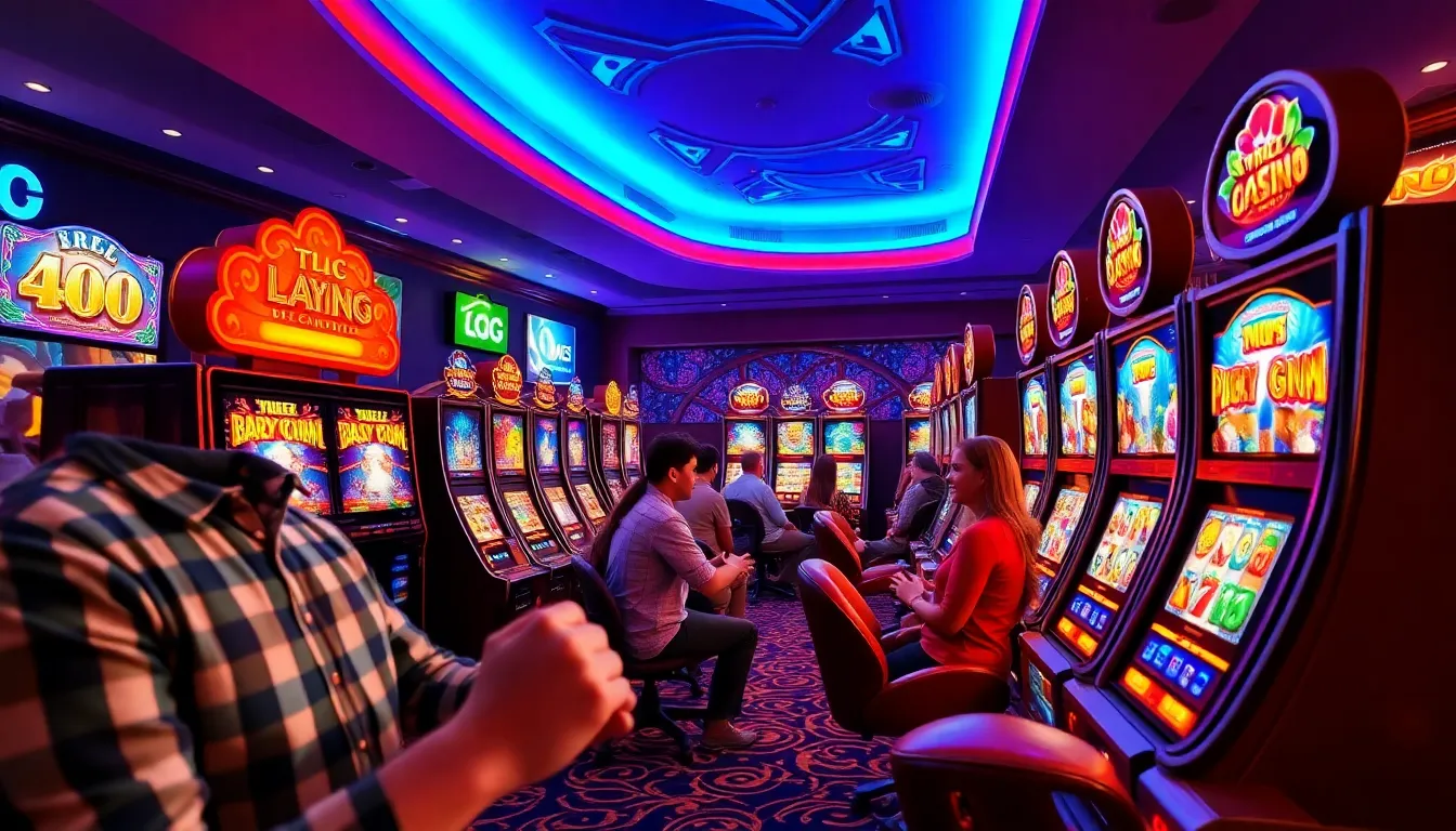 A group of gamers is gathered around a computer, intently discussing strategies while playing an online casino game powered by Microgaming.