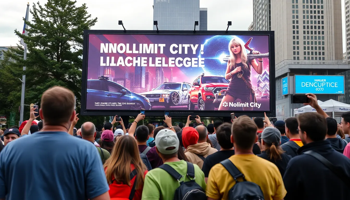 A group of industry professionals gathers at a conference, discussing the latest trends and innovations in online gaming, with a large screen displaying Nolimit City Services' logo in the background.