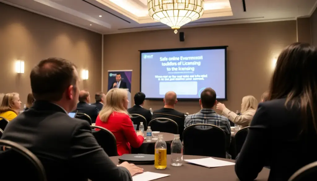 A group of business professionals discusses strategies for obtaining a Nolimit City license during a conference on online gambling regulations.