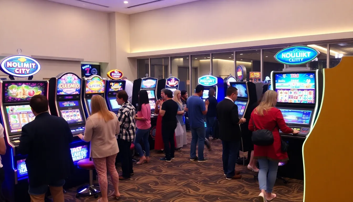 A group of players gathers around a gaming table, intensely focused on the vibrant graphics and engaging gameplay of a Nolimit City slot game displayed on their screens.