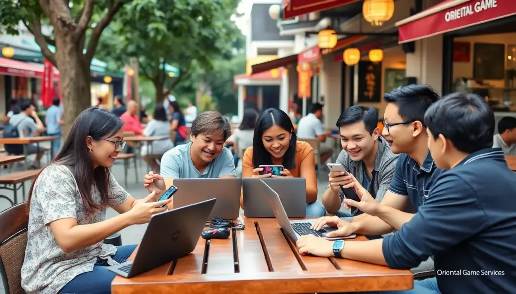 A group of diverse gamers enthusiastically engages with a new Oriental Game service at a gaming convention, surrounded by colorful displays and interactive setups.