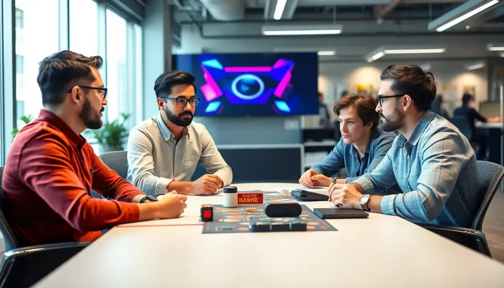 A group of industry professionals discusses the intricacies of Oriental game licensing during a conference, surrounded by banners showcasing traditional gaming elements and modern technology.