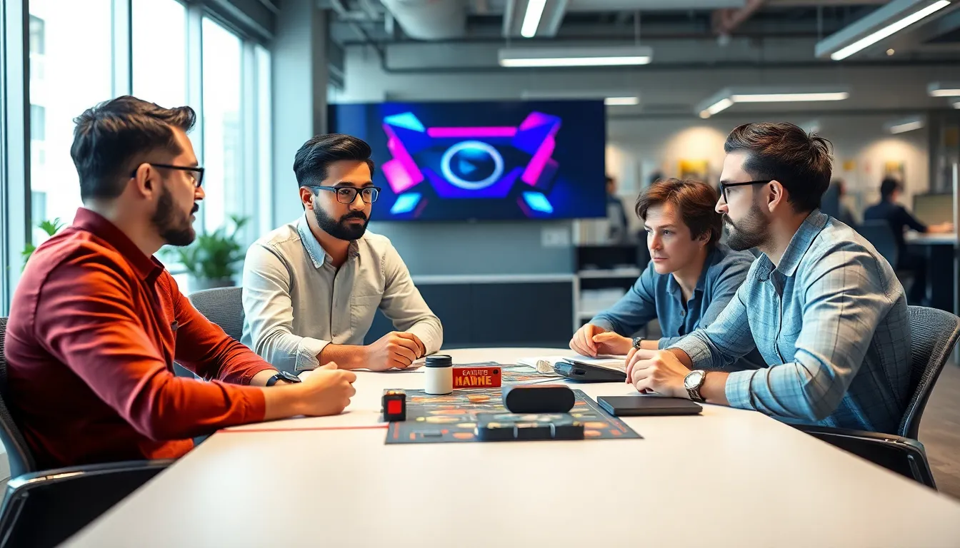 A group of industry professionals discusses the intricacies of Oriental game licensing during a conference, surrounded by banners showcasing traditional gaming elements and modern technology.