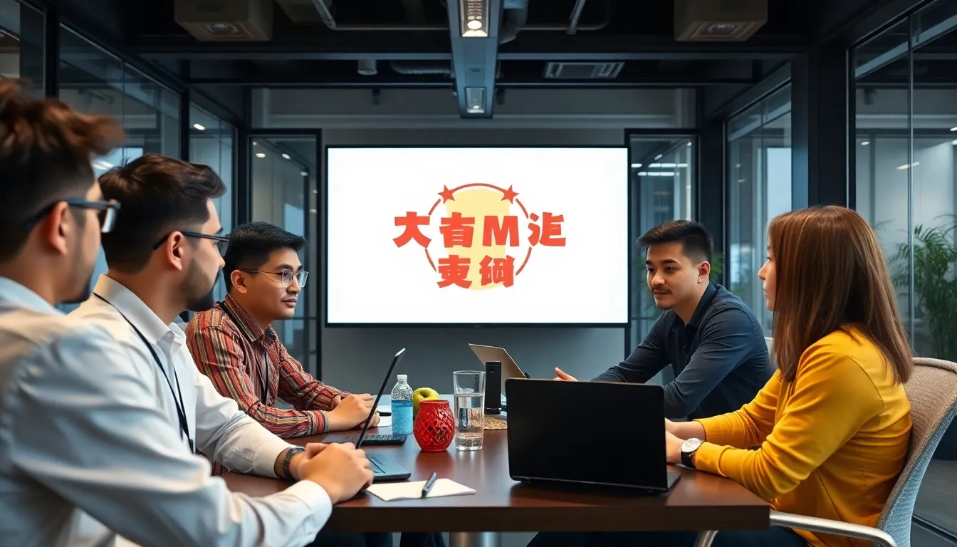 Developers collaborating in a vibrant office space, discussing strategies for acquiring necessary game licenses in the Asian market