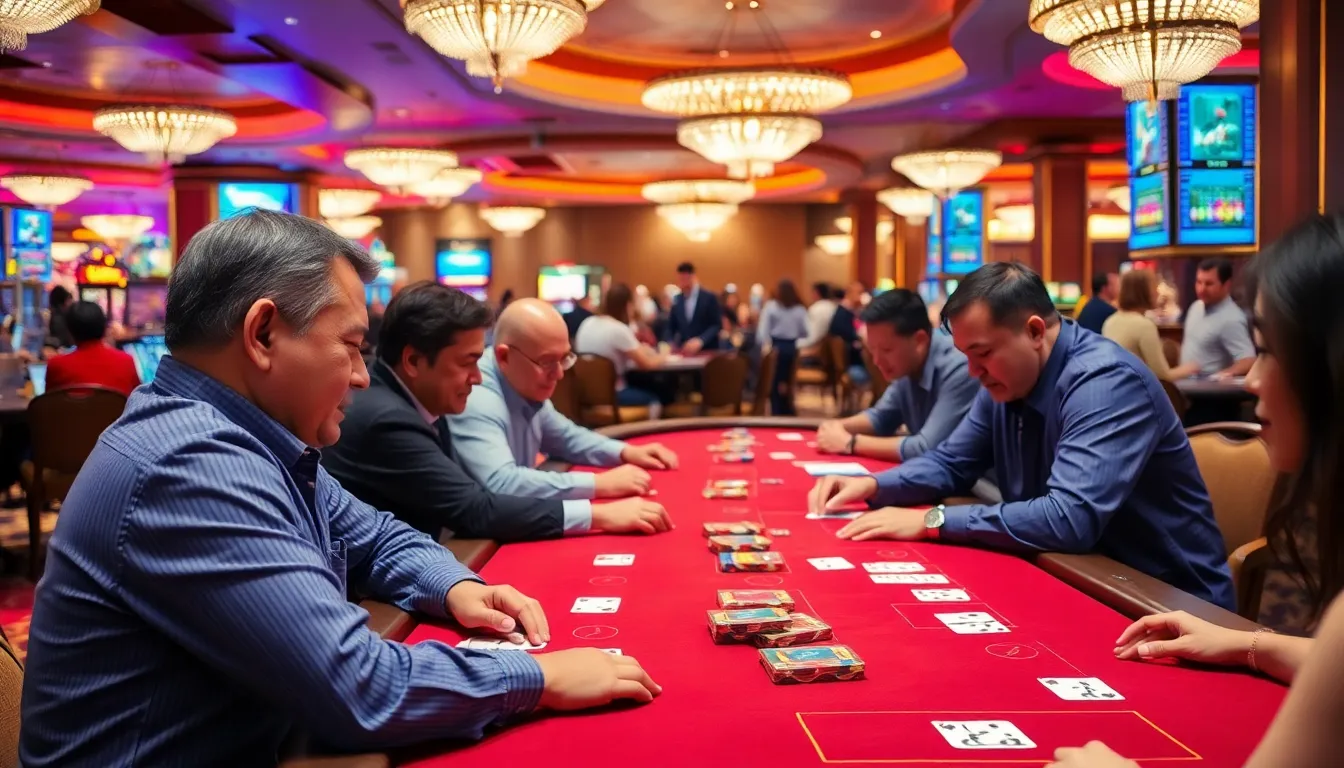 A group of players intently watches a baccarat table in a bustling casino, with chips stacked in front of them and a dealer preparing to deal the cards.